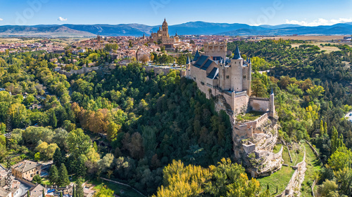 Aerial view of the Alcázar of Segovia, a medieval castle built on a rocky crag in Castile and León, Spain