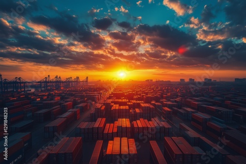 Sunset Over a Bustling Shipping Yard Filled With Colorful Containers and Cran...
