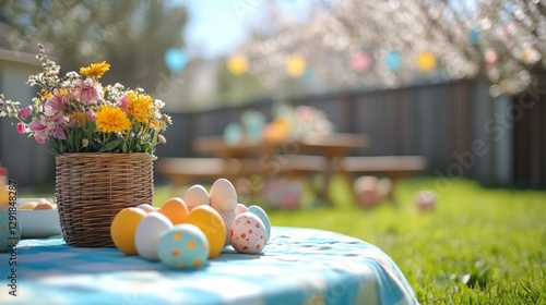 Colorful Easter Eggs in a Woven Basket Surrounded by Flowers on a Sunny Sprin...