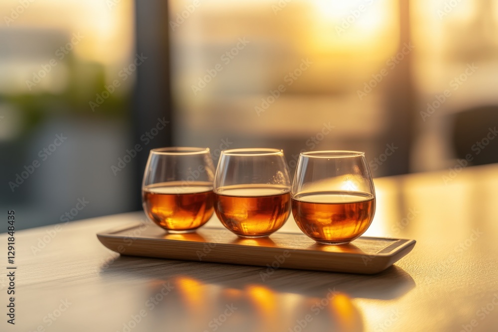 Three Glasses of Whiskey on a Wooden Tray at Sunset Three Glasses of Whiskey on a Wooden Tray at Sunset