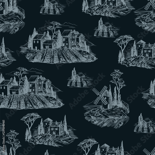 Seamless pattern with medieval houses and mill in Toile style. Vector.