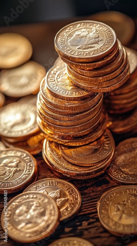 Stacked Coins Glisten Under Soft Lighting Showcasing Wealth and Richness in a...