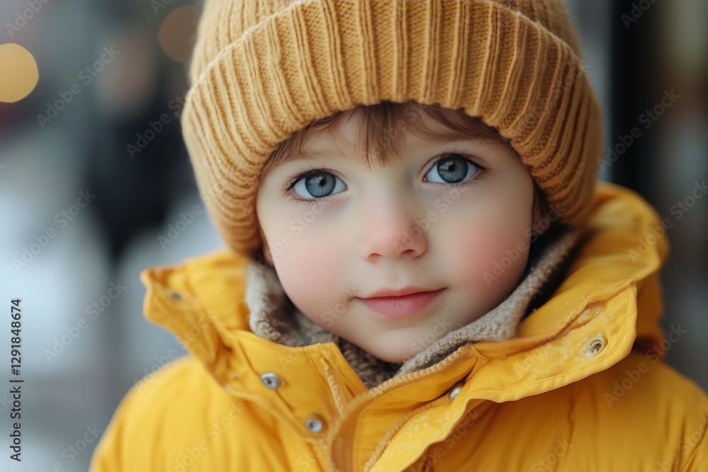 Young Child in Cozy Winter Attire Smiling in a Snowy Urban Setting During Daytime Young Child in Cozy Winter Attire Smiling in a Snowy Urban Setting During Daytime