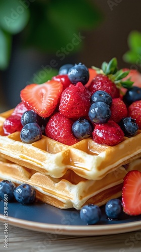 Delicious Stacked Waffles Topped With Fresh Berries in a Vibrant Kitchen Setting