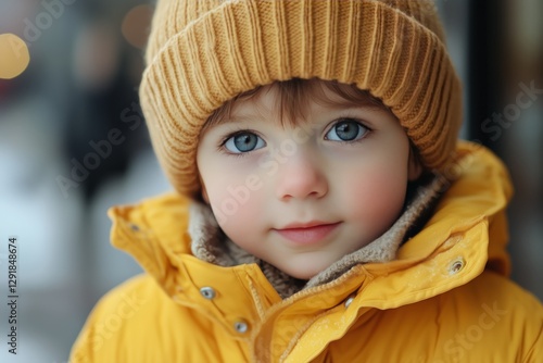 Young Child in Cozy Winter Attire Smiling in a Snowy Urban Setting During Day...