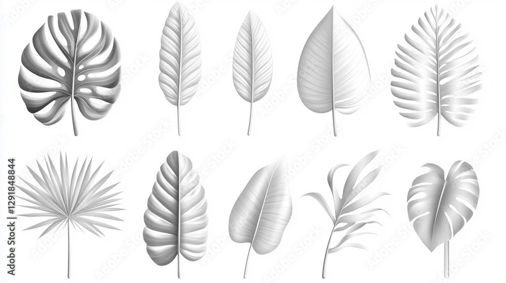 Fototapeta premium Set of various grayscale tropical leaves.