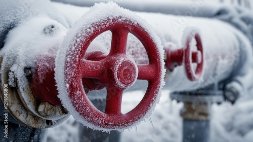 Frozen valves and pipes in a frigid industrial setting during winter