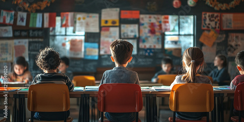 Classroom of children sit at desks, artwork on wall
