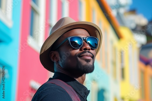Vibrant City Exploration With a Man in Sunglasses and a Straw Hat Enjoying Co...