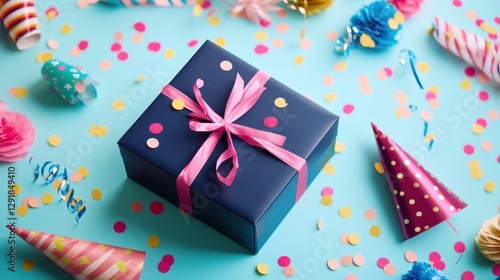 A beautifully wrapped gift box in navy blue with a pink ribbon, surrounded by colorful party decorations.
