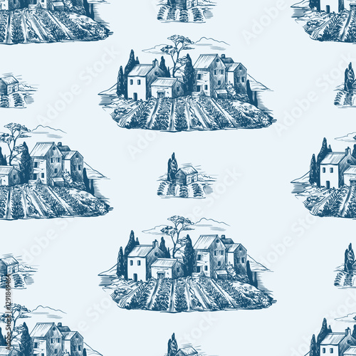 Seamless pattern with medieval houses and mill in Toile style. Vector.