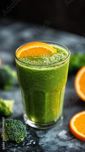 Refreshing Green Smoothie With Oranges and Broccoli on a Dark Textured Backgr...