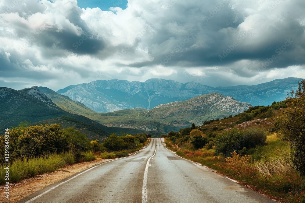 Fototapeta premium Scenic mountain landscape with a winding road under a dramatic sky in early afternoon light