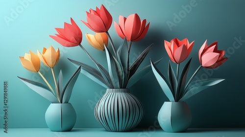 Colorful Paper Flowers Arranged in Vibrant Vases Against a Teal Background