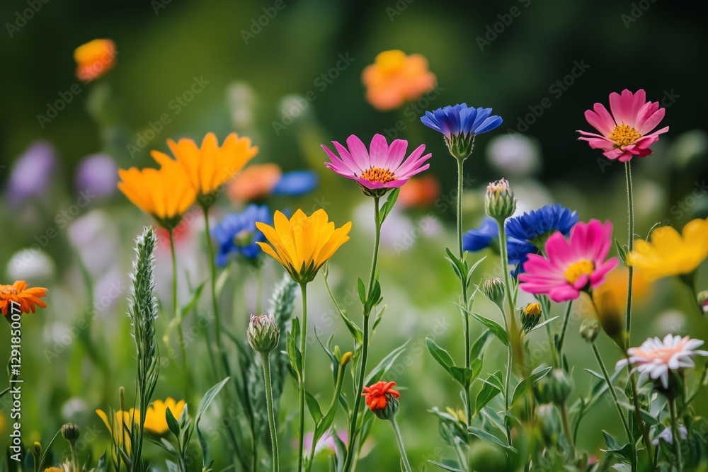 Colorful Wildflowers Bloom in a Lush Meadow During Springtime Near a Sunny Landscape Colorful Wildflowers Bloom in a Lush Meadow During Springtime Near a Sunny Landscape