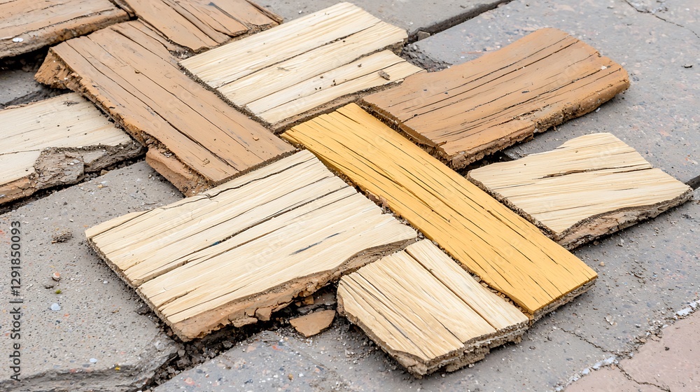 Damaged wood flooring pattern on crumbling concrete, background texture, for construction/home improvement Damaged wood flooring pattern on crumbling concrete, background texture, for construction/home improvement