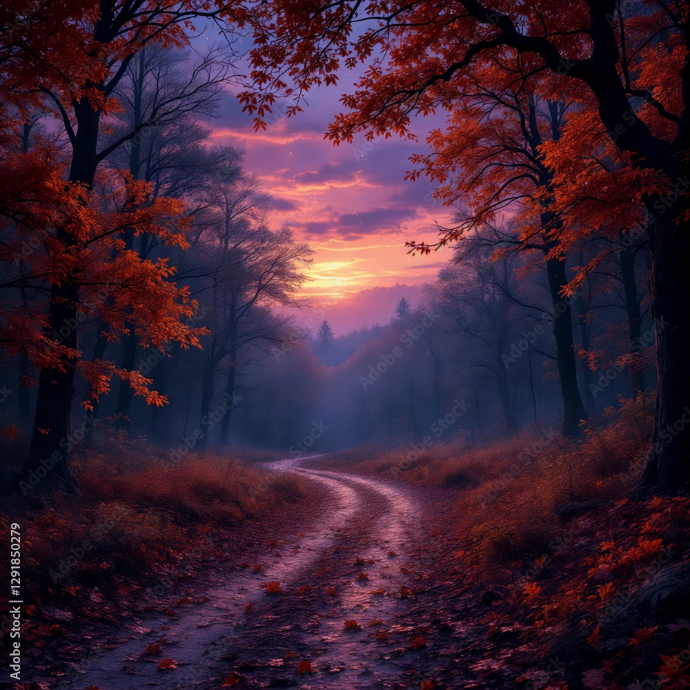 Obraz premium Sunlit Path Winding Through an Autumn Forest at Golden Hour