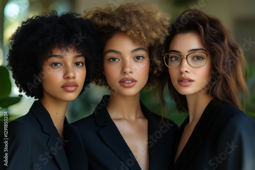Three Women Posing Together in Stylish Black Outfits Surrounded by Greenery