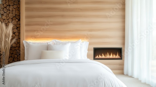 Wallpaper Mural This stylish bedroom showcases minimalist design with plush bedding, a sleek fireplace, and a serene ambiance, ideal for relaxation and comfort. Torontodigital.ca