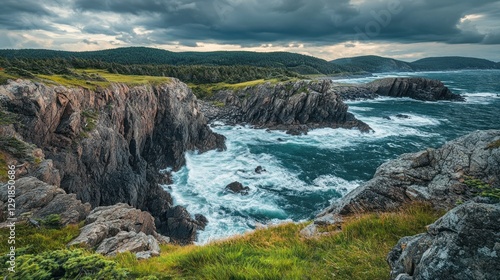 Dramatic coastal cliffs, rough waves, overcast sky, rocky shoreline