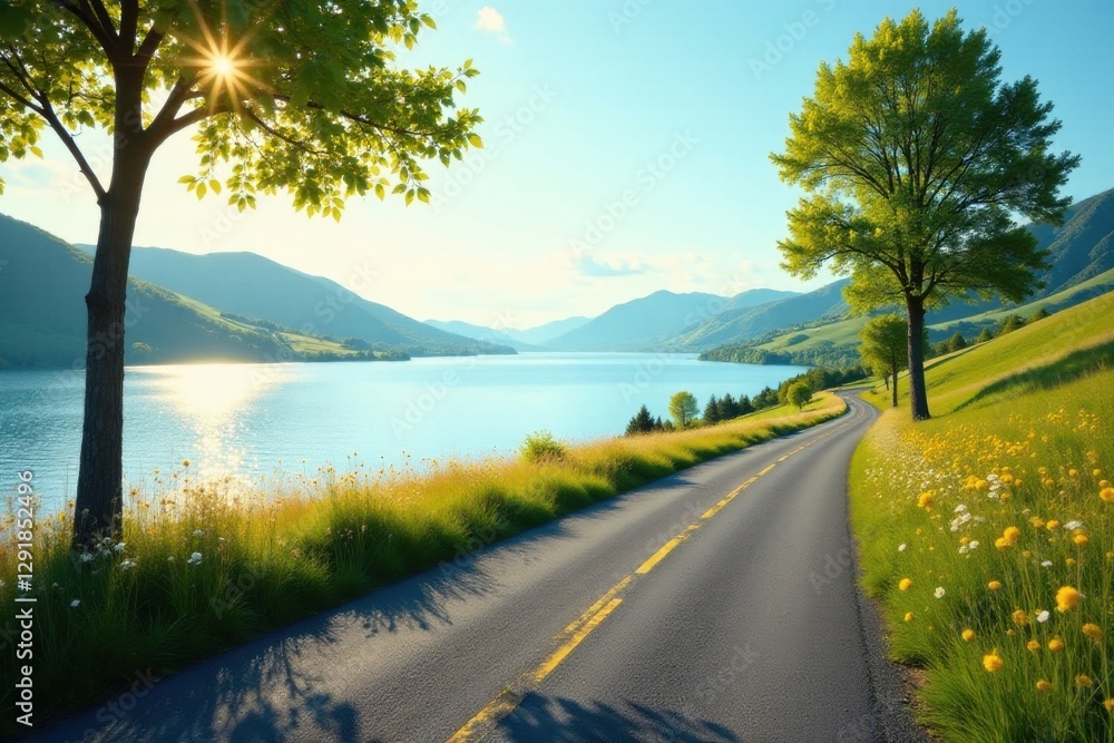 Fototapeta premium Serene Lakeside Road Trip Winding Asphalt Path Through Lush Meadows and Sun-Kissed Trees Beside a Calm Lake with Majestic Mountain Scenery