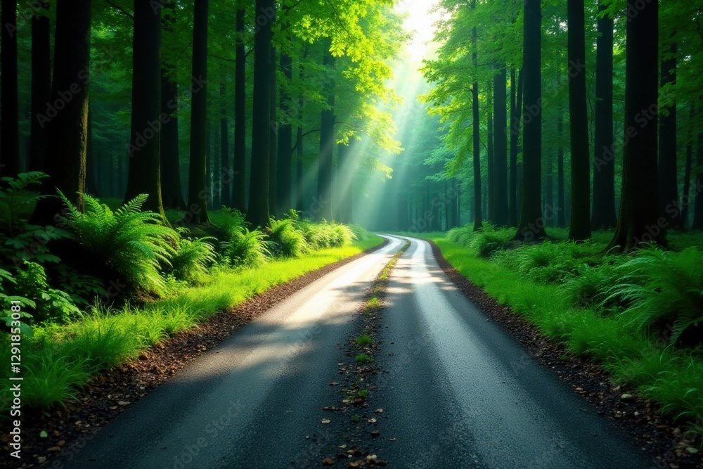 Obraz premium Serene Forest Path Sunbeams Illuminate a Winding Road Through Lush Greenery and Tall Trees
