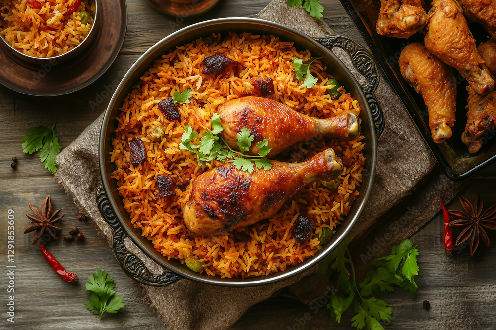 A top angle view of delicicous ramadan chicken biriyani.
Chicken biriyani with fried chicken legs decorated wit green leaves in a traditional brass bowl. A top angle view of delicicous ramadan chicken biriyani.
Chicken biriyani with fried chicken legs decorated wit green leaves in a traditional brass bowl.