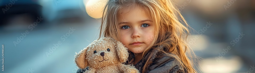 Homeless child holding a stuffed animal, sitting on the curb, dusk light illuminating the street Homeless child holding a stuffed animal, sitting on the curb, dusk light illuminating the street