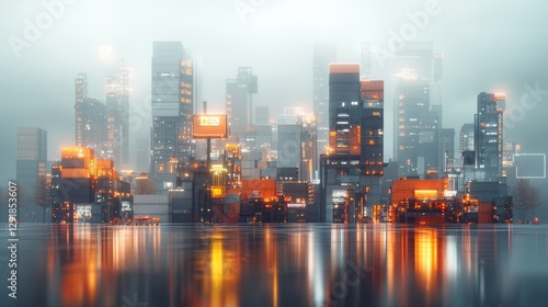 Futuristic cityscape under fog urban environment digital artwork night view cyberpunk aesthetic for enhanced visual impact