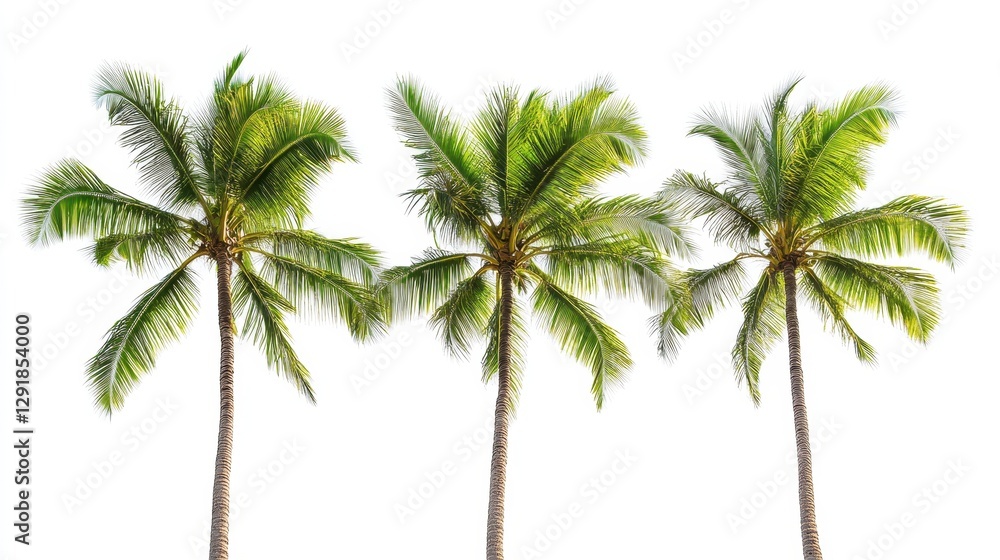 Obraz premium Three tall palm trees with vibrant green fronds against a white background, creating a tropical and refreshing atmosphere.