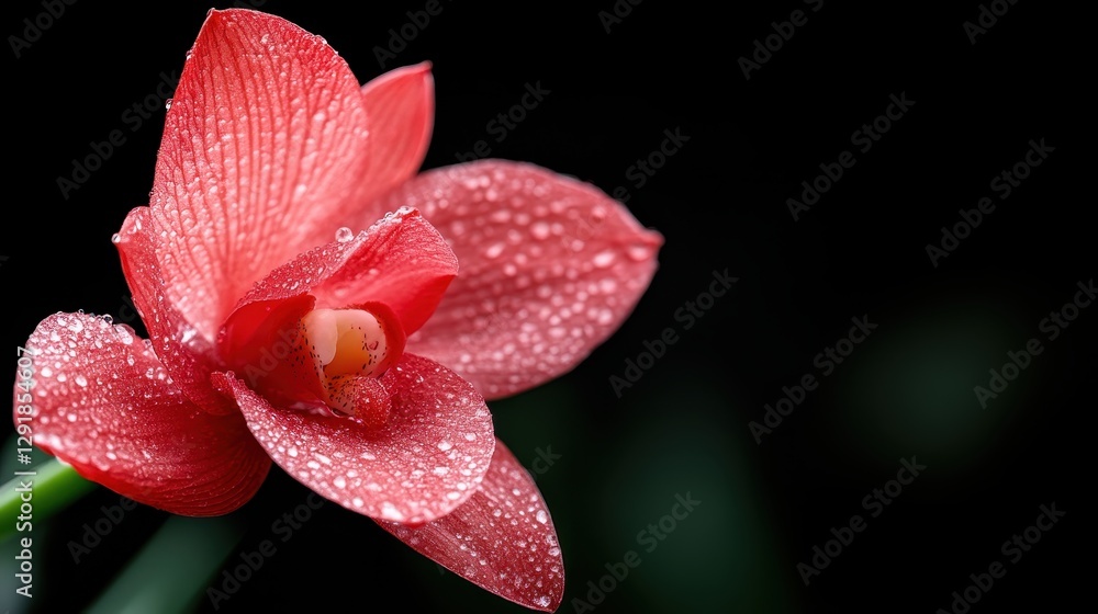 An exquisite red orchid flower adorned with droplets of dew, highlighting its graceful beauty, positioned against a dark backdrop for dramatic effect. An exquisite red orchid flower adorned with droplets of dew, highlighting its graceful beauty, positioned against a dark backdrop for dramatic effect.