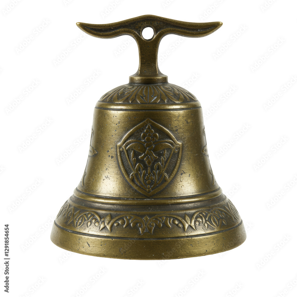 Antique Brass Bell With Intricate Floral Design And Badge On Transparent Backgrounds Antique Brass Bell With Intricate Floral Design And Badge On Transparent Backgrounds