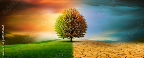 Baum in einer imaginären landschaft im Klimawandel von Dürre zu Grünem Wachstum