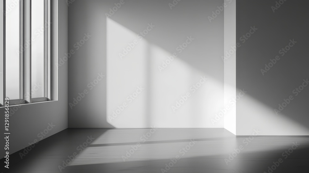 A minimalist interior featuring sunlight casting shadows in a spacious, empty room. A minimalist interior featuring sunlight casting shadows in a spacious, empty room.