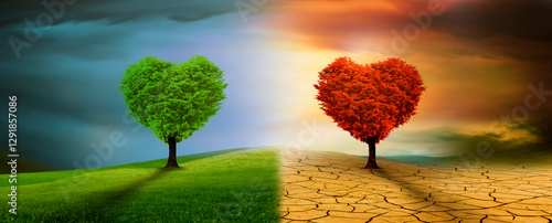 Baum in einer imaginären landschaft im Klimawandel von Dürre zu Grünem Wachstum