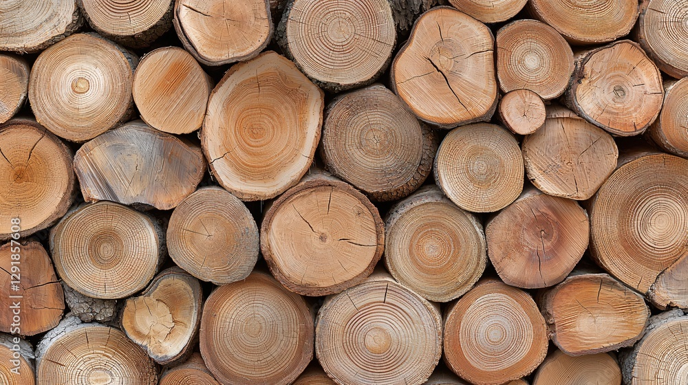 Fototapeta premium Close-Up View of Neatly Stacked Wooden Logs in Various Sizes