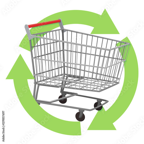 Supermarket trolley surrounded by the three green circular recycling arrows (cut out)