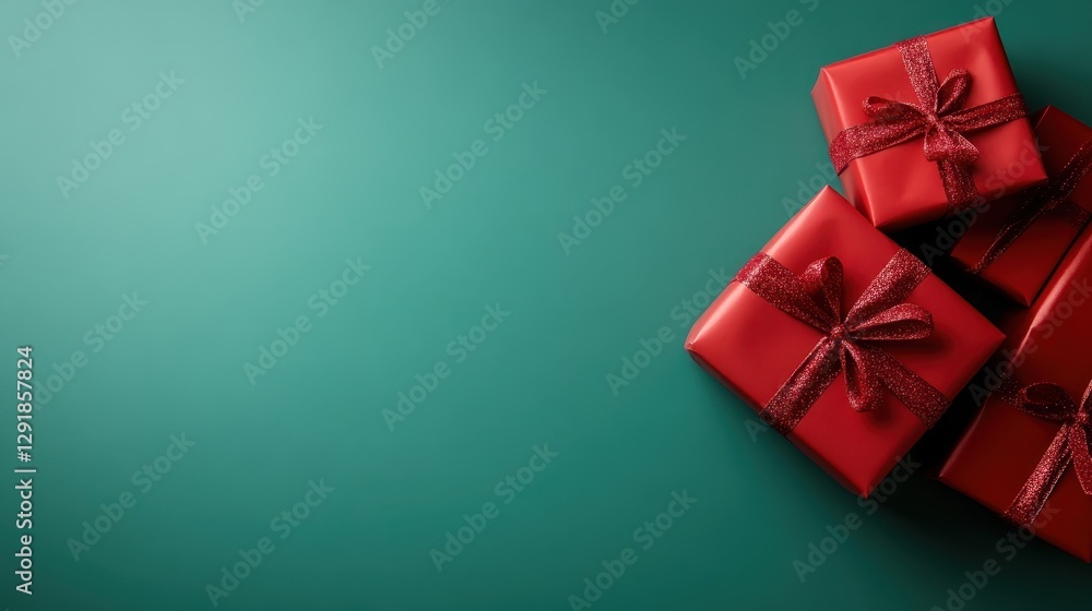 A set of red gifts wrapped with shiny bows against a simple green backdrop, embodying the spirit of celebration and the joy of giving during festive seasons. A set of red gifts wrapped with shiny bows against a simple green backdrop, embodying the spirit of celebration and the joy of giving during festive seasons.