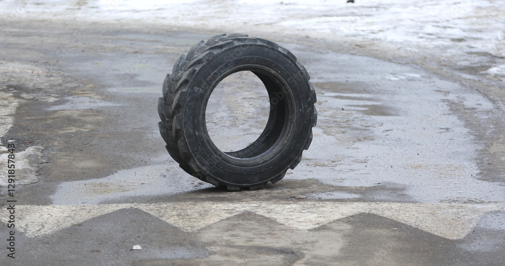 The impossibility of driving on the road is indicated by an old car tire installed on it The impossibility of driving on the road is indicated by an old car tire installed on it