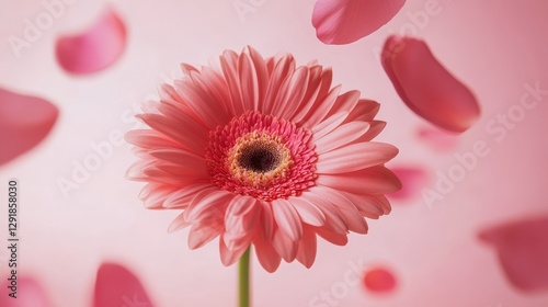 A close-up of a vibrant pink gerbera daisy with floating petals against a soft pink background.