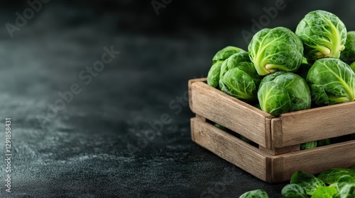 A gentle play of light and shadow reveals a wooden crate filled with green brussels sprouts, symbolizing organic freshness and rustic charm in food photography. photo