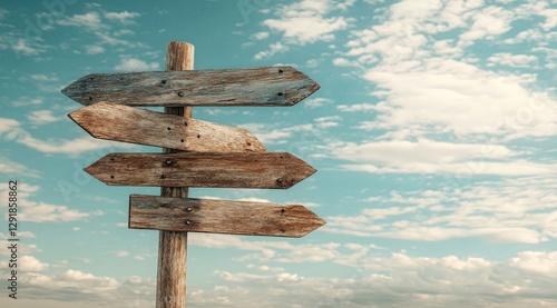 wooden signpost with arrows pointing in different directions, set against an open sky background