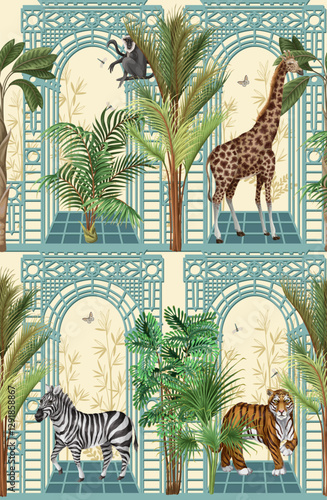 Seamless pattern with architectural arch, portal, animals and tropic trees. Vector.