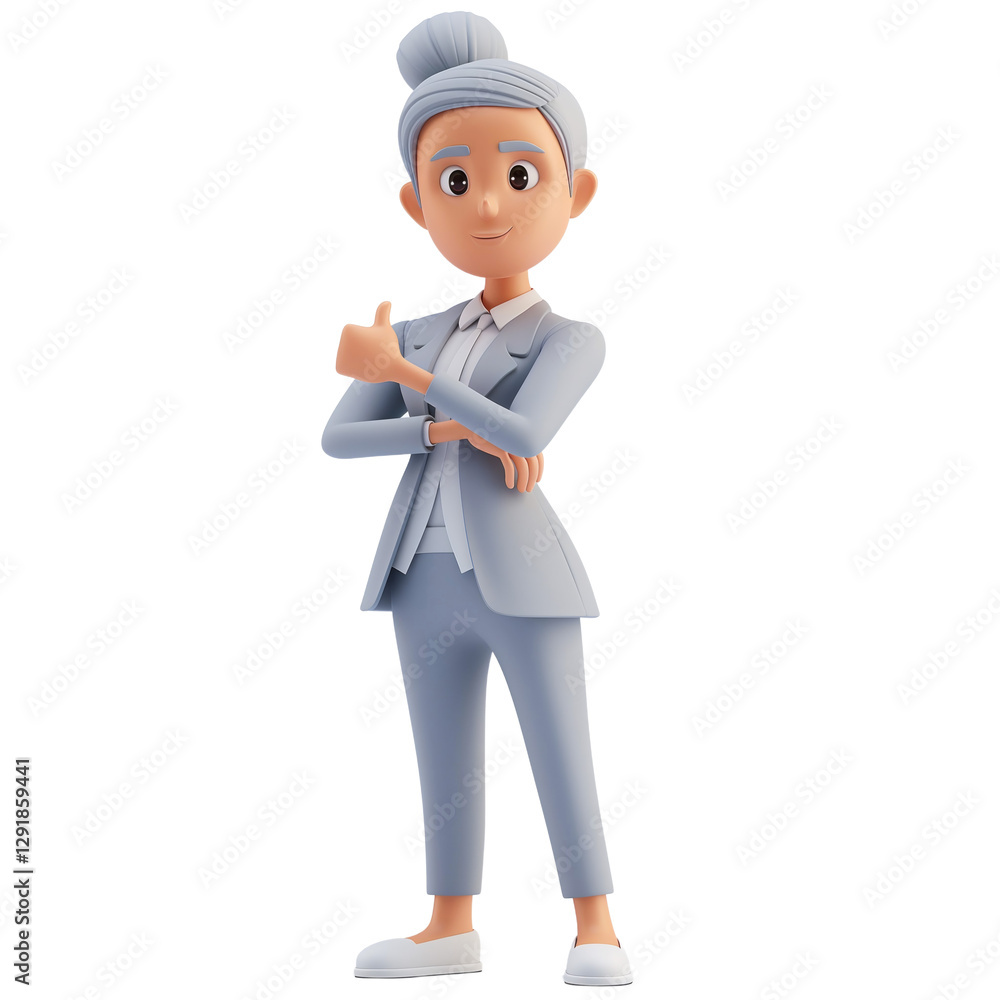 A 3D character representing a confident businesswoman in her 50s is smiling and giving a thumbs up. Dressed in a formal suit, she stands with arms crossed A 3D character representing a confident businesswoman in her 50s is smiling and giving a thumbs up. Dressed in a formal suit, she stands with arms crossed