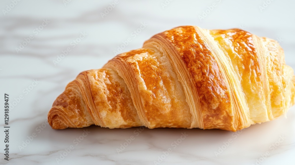 A beautifully baked croissant with a golden-brown finish resting on a pristine white surface, showcasing its flaky layers and appealing texture for food lovers. A beautifully baked croissant with a golden-brown finish resting on a pristine white surface, showcasing its flaky layers and appealing texture for food lovers.