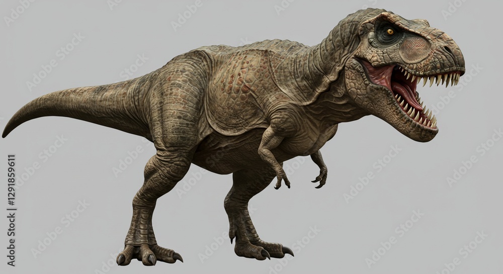 Fototapeta premium Tyrannosaurus Rex Roaring Dinosaur Side View Isolated on Plain Background