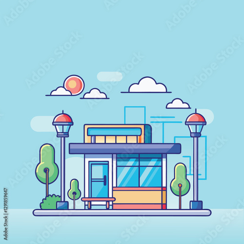 Modern Small Shop Building with Trees and Street Lamps Illustration