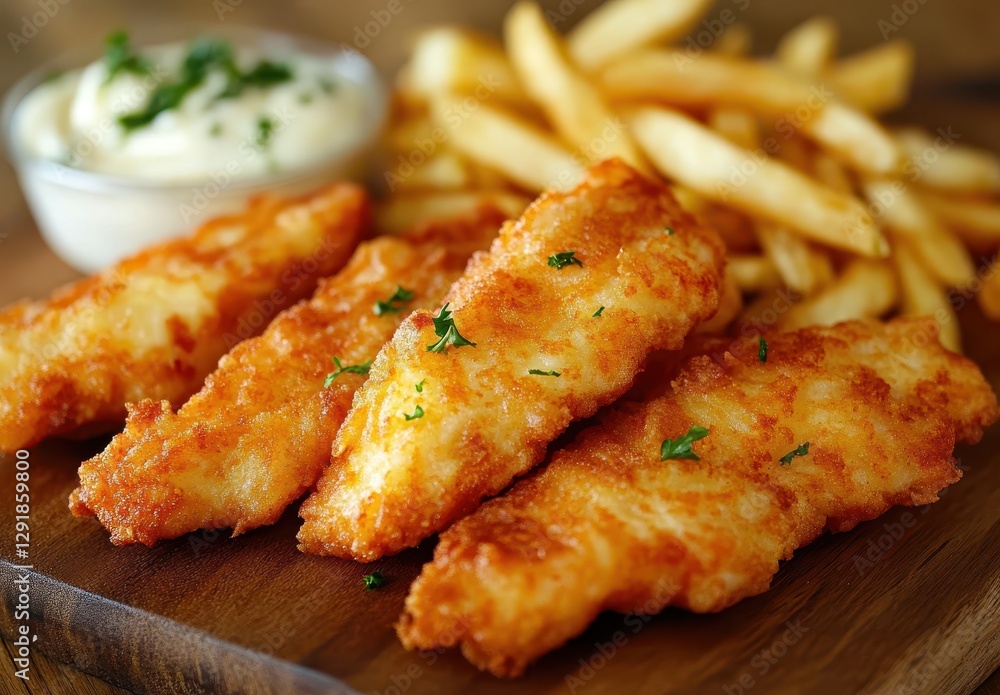Delicious golden fried fish fillets served with crispy French fries and creamy dipping sauce on a rustic wooden platter for a perfect meal Delicious golden fried fish fillets served with crispy French fries and creamy dipping sauce on a rustic wooden platter for a perfect meal
