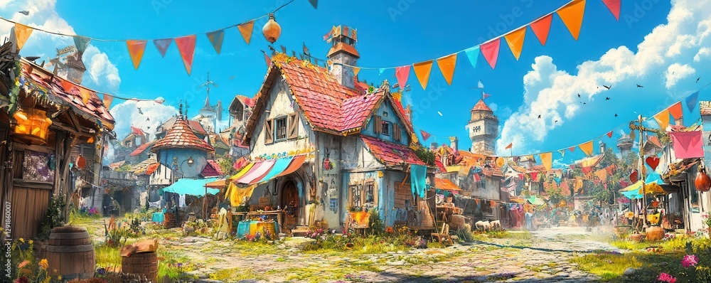 Obraz premium Festive medieval town with colorful homes decorated for a festival, vibrant flags and lanterns, bustling atmosphere, lively celebration scene