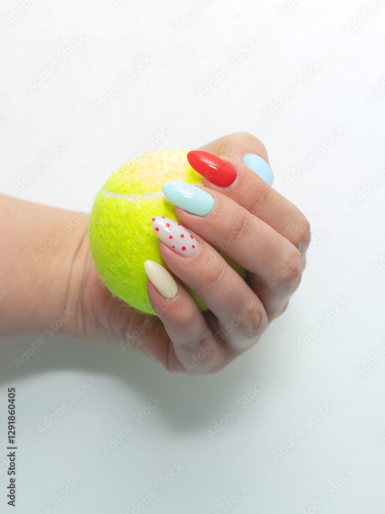 Tennis yellow balls in hand with bright manicure on a white background close-up
Tennis yellow balls in hand with bright manicure on a white background close-up